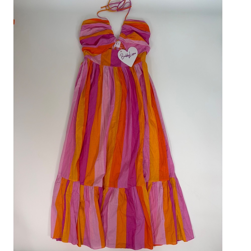 BuddyLove Gerty Maxi Dress NWT M Pink Orange Stripe Halter Smocked Cotton Resort - Picture 2 of 10